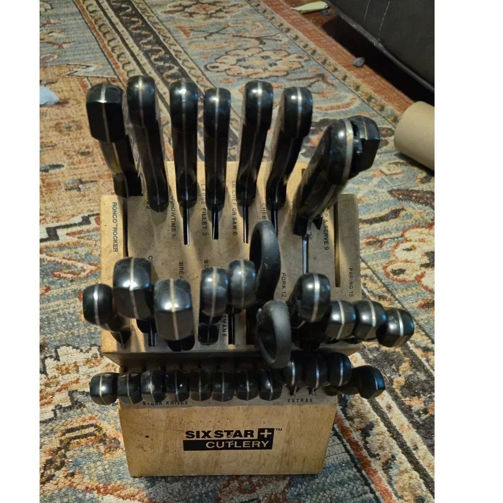 Ronco Six Star Plus Cutlery 30 Piece Knife Set with Wood Block Black Handles